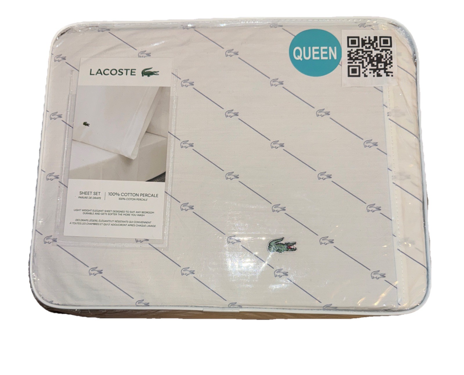 🛏️ Lacoste Authentic Soft Queen 4 PC Sheet Set White Navy Cotton Crescent🛏️