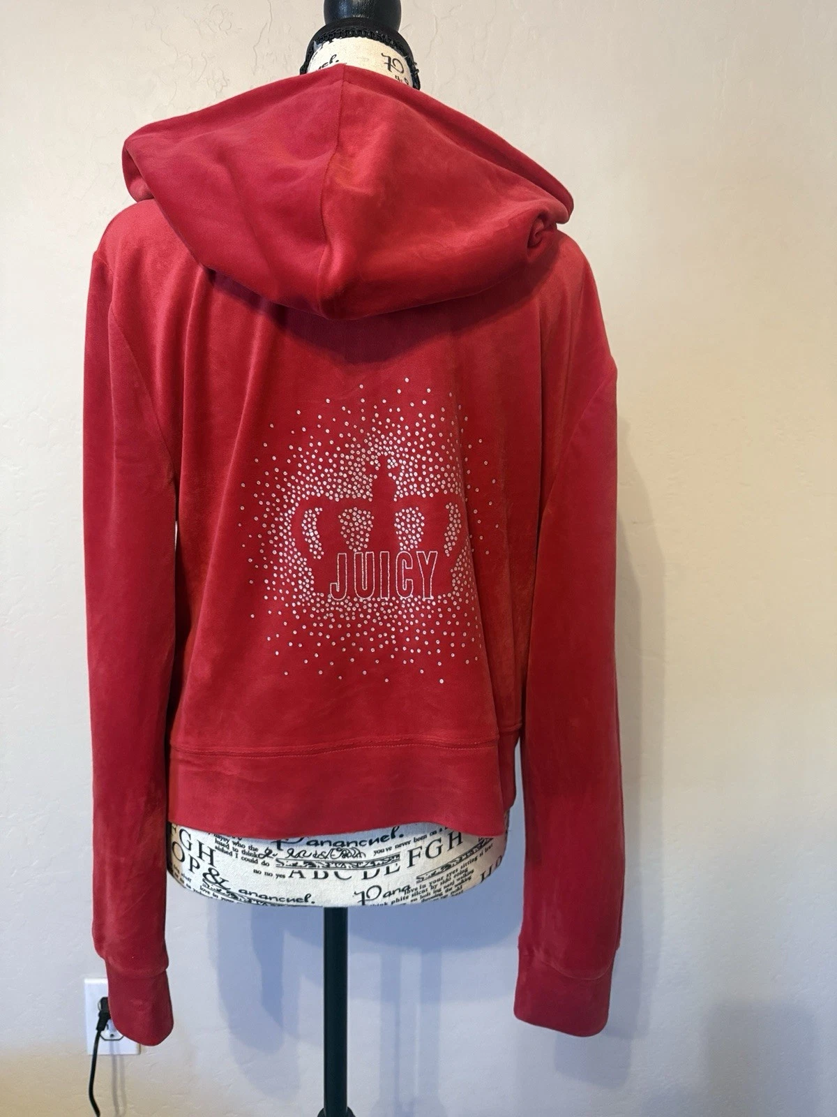 Juicy Couture Velour Hoodie Full Zip Red Rhinestones Sz L Crown
