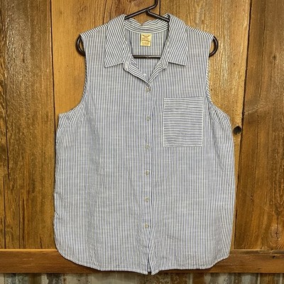 Faded Glory Women's blue and white stripe sleeveless button cotton top - Size XL