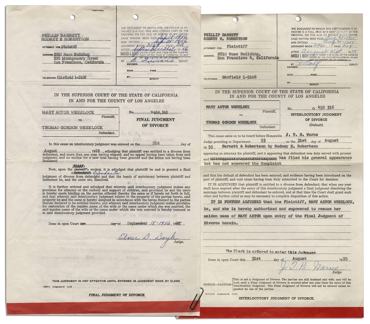 Mary Astor Divorce Certificate From Her Marriage 1955