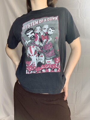 Vintage 90s System Of A Down Cartoon Black Graphic Mushroom Faded