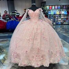 Pink Princess Quinceanera Dresses 3D Flowers with Cape Prom Ball Gowns Sweet 15