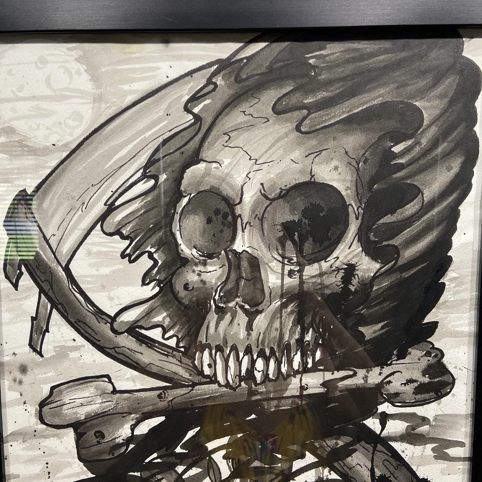 Artista del tatuaje de California JESSE GAZAL original pluma y tinta dibujo calavera huesos cruzados Foto 4 de 4