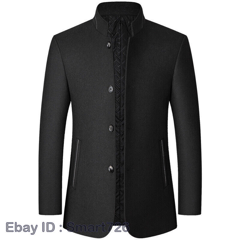Mens Casual Woolen Blend Jacket Trench Coat Single Breasted