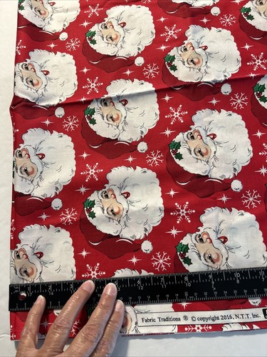 Christmas Santa Heads Faces Snowflakes on Red Cotton Fabric 1 Yard X 44” - Picture 3 of 3