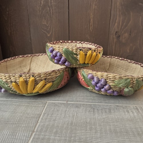 Set of Three 3 Vintage Round Nesting Baskets with Linings Hand Woven Raffia