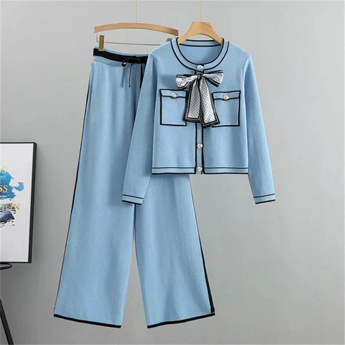 2 Piece Women O-neck Short Sweater Cardigan Sets Wide Leg Kintwear Pants Suits - Bild 11 von 30