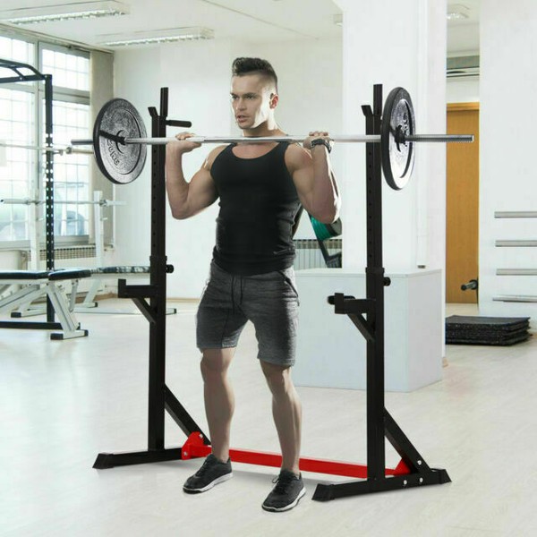 Soozier A91071 2Piece Pair Steel Height and Base Adjustable Barbell Squat Rack and Bench Press