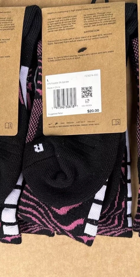 1 Nike Elite Socks Mens Large 8-12 Pink Kay Yow Breast Cancer Awareness BCA - Image 2 of 3