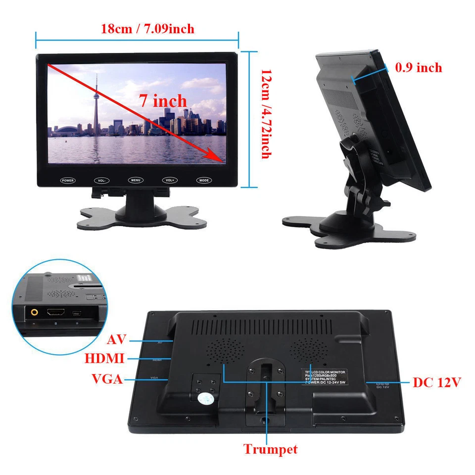 Mini 7" CCTV Monitor PC Screen RCA AV VGA HDMI 1080P for DSLR Raspberry Pi - Image 2 of 4
