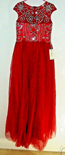 Women's Sliver Beading Long Prom Silk Dress Tulle Cap Sleeves Dress -Burgundy