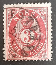 Norway: 1872 - Posthorn, Value in Skilling - 3Sk Carmine - Used Antique Stamp