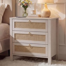 Rattan Nightstand with Drawer 3-Drawer Night Stand Bedside Table Golden Handle