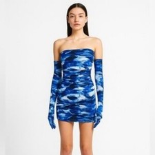 NWOT Miscreants Strapless Ruched Mini Dress with Gloves  Blue Women's Size 10 