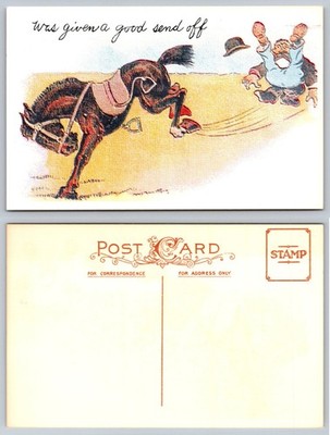 Vintage Comic Postcard Bucking Horse Throws Rider ''Good Send Off'' Equestrian
