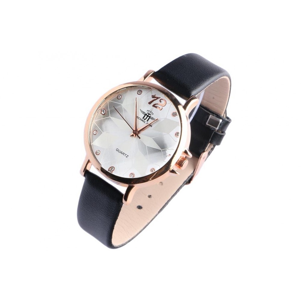 Montre femme fleur dorée et bracelet noir pour vos tenues de bureau