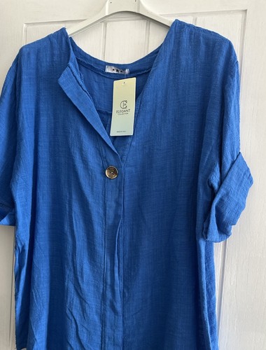 Neu Made in Italy blau Lagenlook Knopf Tunika Top Gr 10 12 14 16 18 OneSize - Bild 2 von 2