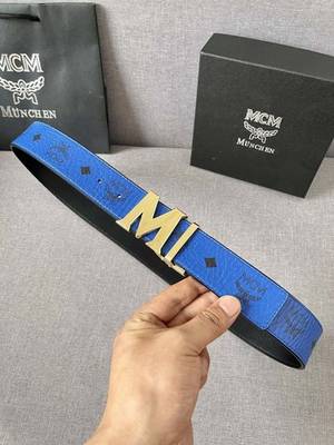 #ad MCM Gold Buckle Claus Reversible Leather Belt One Size Blue $88.69