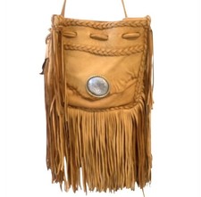 Tan Leather Deerskin Boho Crossbody Bag W Long Fringe Silver Tone Concha 9.5Wx5D