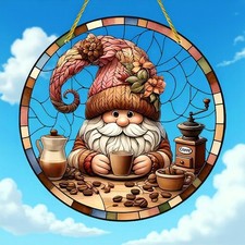 Fenster Deko Hänger Fensterbild Sonnenfänger Buntglas Bild Küche Kaffee Wichtel