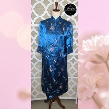 Vintage Handmade Blue Shanghai Chinese Satin Embroidered Robe/Duster Size 34