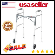 Drive Medical Two-Button Folding Walker w/ Wheels Desk Arms Dual Push 5in Silver