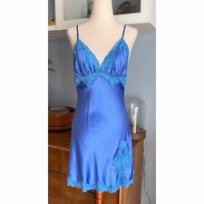VTG Mary Green Silk Y2K Coquette Fairy Lace Trim Chemise Slip Dress M Blue