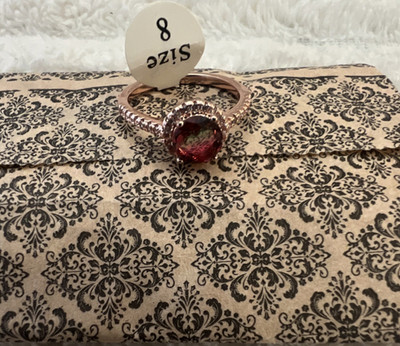 Rose Gold Plated Halo Cocktail Ring w/ Oval Red Stone, Prong Set, Size 8