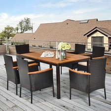 7PCS Rattan Outdoor Dining Set Patio Furniture Set w/ Cushions Umbrella Hole
