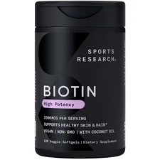 Vegan Biotin 2500mcg w/ Coconut Oil Extra Strength Biotin - 120 Veggie Softgels