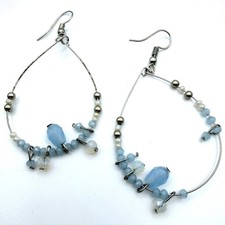 Vintage Glass Silver-Tone Teardrop Hoop Earrings with Blue & Opalescent Beads