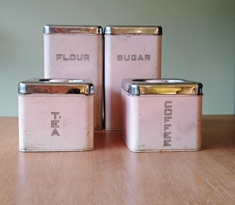 Vintage Lincoln Beautyware Metal Pale Pink & Chrome Canisters Set