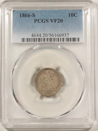 1866-S LIBERTY SEATED DIME - PCGS VF-20, TOUGH!