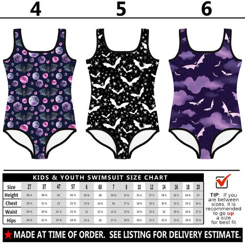 Kids Gothic Bats Swimsuit #4 - Baby Girl Teens Bathing Suit Goth Halloween Dark - Picture 17 of 29
