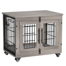 27.1'' Dog Crate Furniture Dog Kennel Double Doors Wooden w/Cushion Wheels Gray