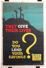 Vintage 1918 THEY GIVE THEIR LIVES War Stamps 29x20 WWI Litho Poster FREE SHIP