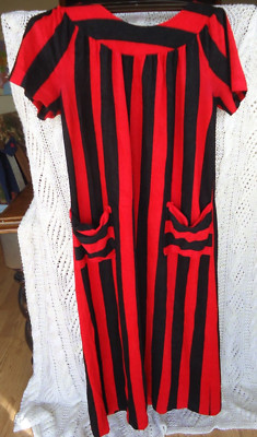 VTG Red Black Striped Night Shirt XL Pocket USA Goth Circus Whimsy House Dress