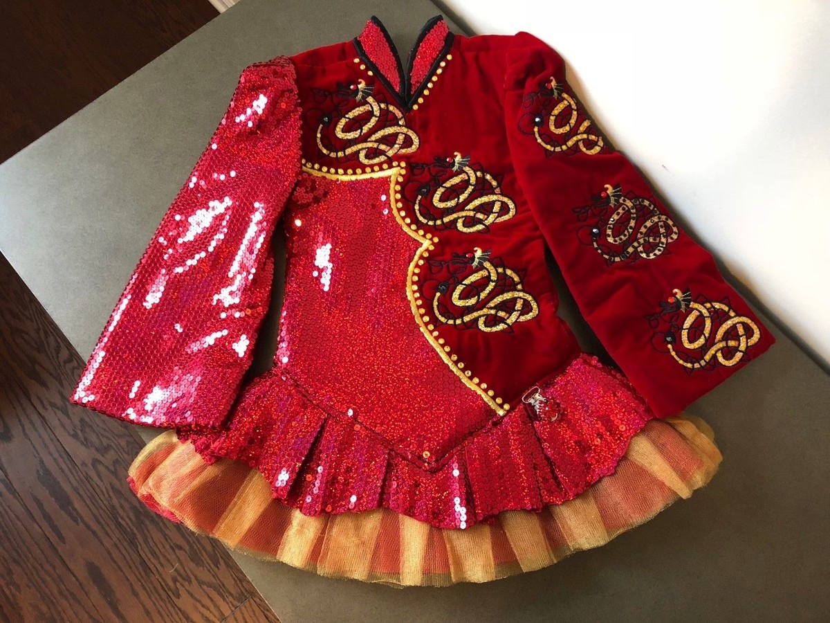 Unique/ standout Irish dance solo dress-- Red, dragon design, fits approx  U7-U10