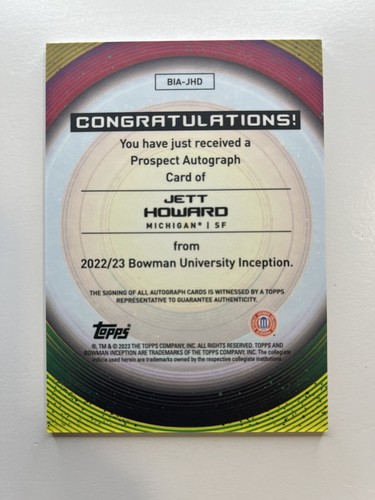 Bowman University Inception Jett Howard Auto Orlando Magic SG1 - Picture 2 of 2
