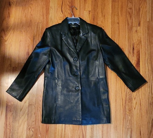 VESTE CUIR VINTAGE FEMME TAILLE L - LONGUEUR 3/4 NOIRE BOUTONNÉE - ÉTAT TRÈS BON