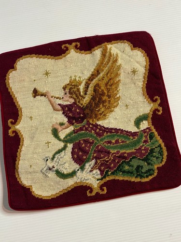 NEW Wool Needlepoint Throw Pillow Cover Christmas Angel Horn Doves Holiday 14" - Picture 2 of 3