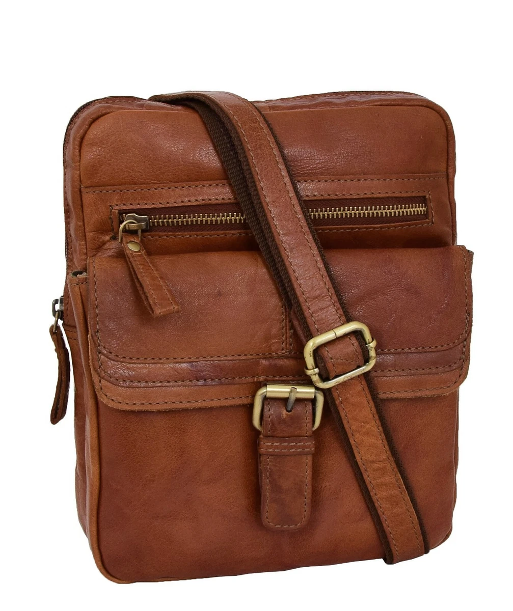Genuine Vintage Tan Leather Cross Body Bag For Mens Rugged Zip Top