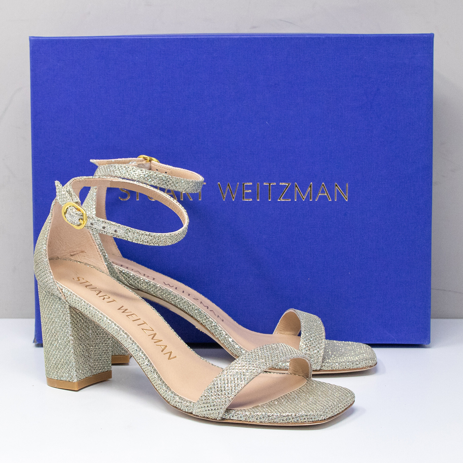 Stuart Weitzman Nudistcurve 75 New Noir Silver Block Heels, Size 6.5 B