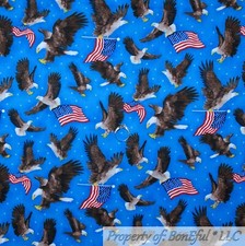 BonEful Fabric FQ Cotton Quilt Blue Red White American Flag EAGLE Bird Dot Print