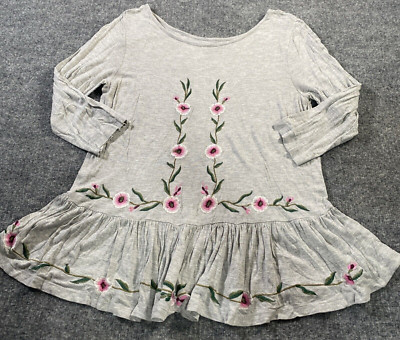 Alga Top Womens Small Gray Floral Pink Green Embroidered Stretch Ruffle