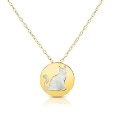 14K Yellow Gold Mother Of Pearl Cat Pendant Necklace, 16"