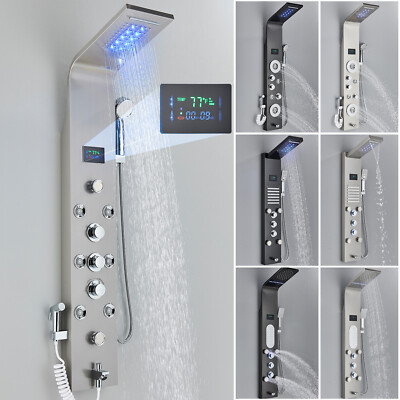 Stainless Steel LED Waterfall Shower Panel Tower System with Body Massage Jets