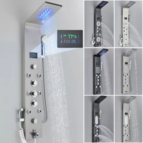 Stainless Steel LED Rain&Waterfall Shower Panel Tower System Massage Body Jets