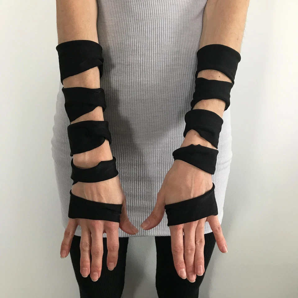 Guantes recortados para hombre negros mangas de brazo cubiertas PVC cibernético gótico disfraz psíquico Foto 3 de 3