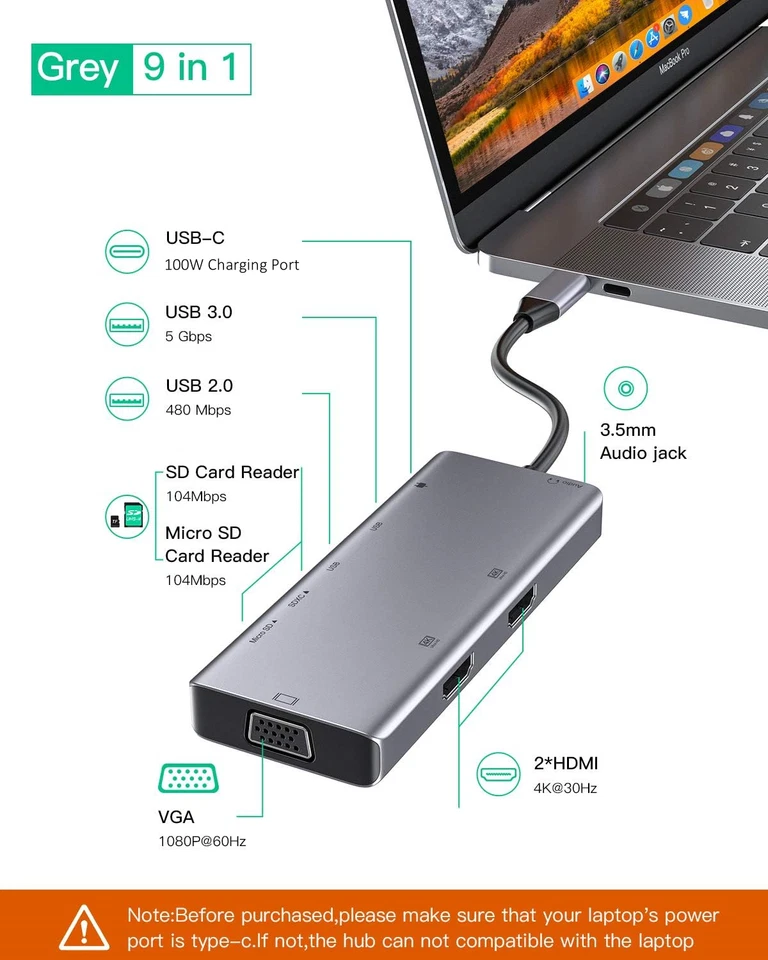 USB C Docking Station Hub 9in1 dual 4k VGA SD/Micro SD-Kartenleser PD Aluminium - Bild 2 von 4